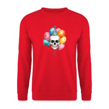 Totenkopf mit Partyhut und Ballons Happy Birthday - Unisex Pullover - Rot - Vorne - Alina (178cm) & Michal (187cm)