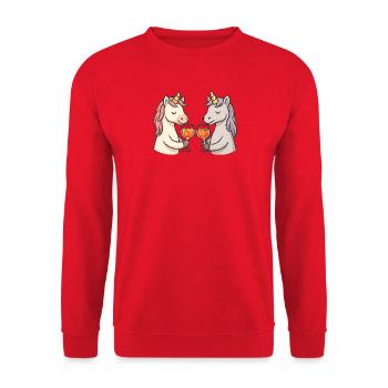 Zwei Einhörner stoßen an - Unisex Pullover - Rot - Vorne - Alina (178cm) & Michal (187cm)
