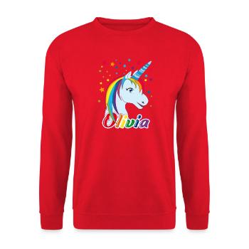 Einhorn Olivia Regenbogen  - Unisex Pullover - Rot - Vorne - Alina (178cm) & Michal (187cm)