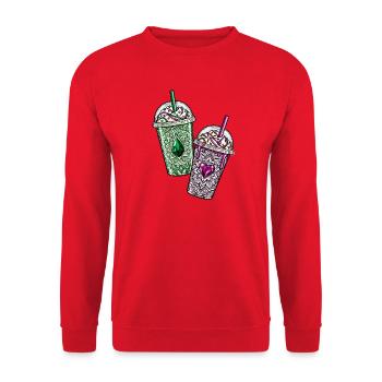 Gemstone Iced Coffee – Pink & Green Crystal Drinks - Unisex Pullover - Rot - Vorne - Alina (178cm) & Michal (187cm)