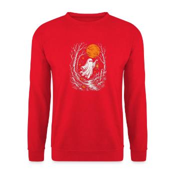 Kleiner Geist mit Laterne im Herbstwald - Unisex Pullover - Rot - Vorne - Alina (178cm) & Michal (187cm)