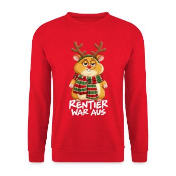 Rentier war aus – Lustiger Weihnachtshamster - Unisex Pullover - Rot - Vorne - Alina (178cm) & Michal (187cm)