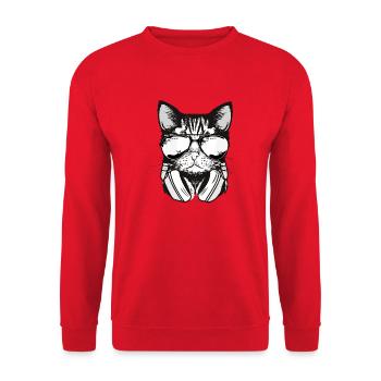 Katze mit Brille und Kopfhörer - Gamer Musik Kater - Unisex Pullover - Rot - Vorne - Alina (178cm) & Michal (187cm)