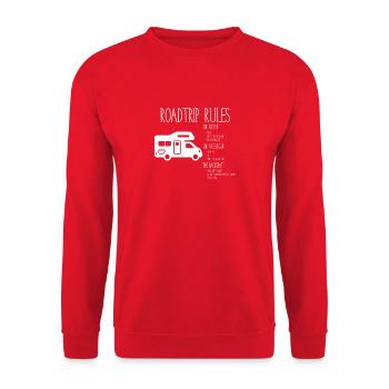Road Trip Rules - Regeln für den Urlaub - Unisex Pullover - Rot - Vorne - Alina (178cm) & Michal (187cm)