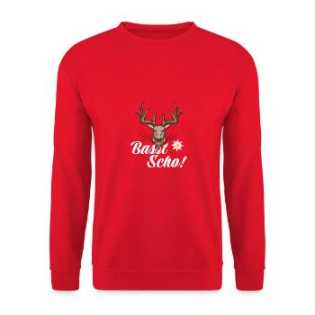 Basst Scho | Trachten Hirsch - Unisex Pullover - Rot - Vorne - Alina (178cm) & Michal (187cm)