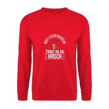 Basst Scho | Trachten Hirsch - Unisex Pullover - Rot - Vorne - Alina (178cm) & Michal (187cm)
