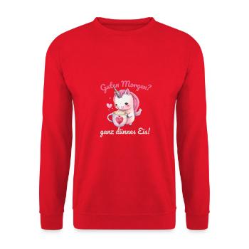 Guten Morgen ganz dünnes Eis! Morgenmuffel Spruch - Unisex Pullover - Rot - Vorne - Alina (178cm) & Michal (187cm)