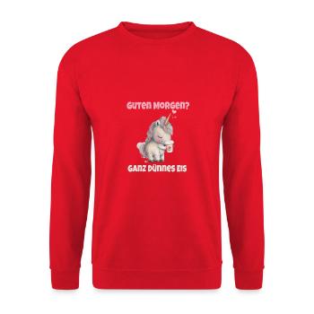 Guten Morgen ganz dünnes Eis! Morgenmuffel Spruch - Unisex Pullover - Rot - Vorne - Alina (178cm) & Michal (187cm)