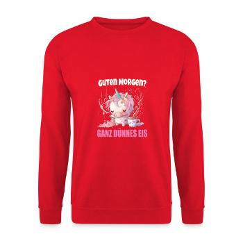 Guten Morgen ganz dünnes Eis! Morgenmuffel Spruch - Unisex Pullover - Rot - Vorne - Alina (178cm) & Michal (187cm)