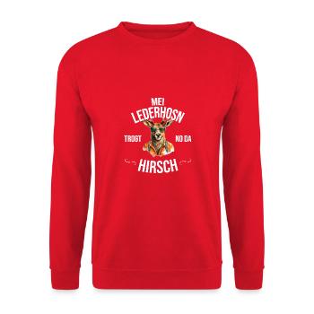 Trachten Bayrischer Dialekt Hirsch - Unisex Pullover - Rot - Vorne - Alina (178cm) & Michal (187cm)