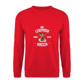 Trachten Bayrischer Dialekt Hirsch - Unisex Pullover - Rot - Vorne - Alina (178cm) & Michal (187cm)