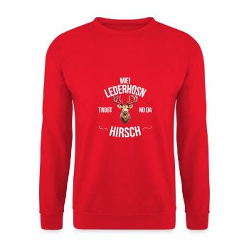 Trachten Bayrischer Dialekt Hirsch - Unisex Pullover - Rot - Vorne - Alina (178cm) & Michal (187cm)