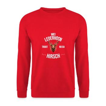 Trachten Bayrischer Dialekt Hirsch - Unisex Pullover - Rot - Vorne - Alina (178cm) & Michal (187cm)