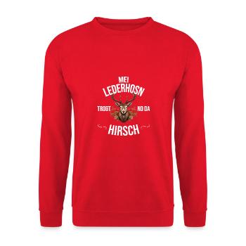 Trachten Bayrischer Dialekt Hirsch - Unisex Pullover - Rot - Vorne - Alina (178cm) & Michal (187cm)
