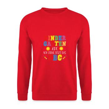 Kinder Kindergarten Ade Hallo Schule 2024 Lustiger - Unisex Pullover - Rot - Vorne - Alina (178cm) & Michal (187cm)