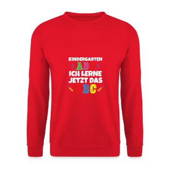 Kinder Kindergarten Ade Hallo Schule 2024 Lustiger - Unisex Pullover - Rot - Vorne - Alina (178cm) & Michal (187cm)