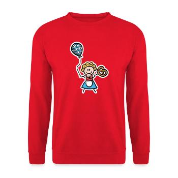 Lustiges Madl im Dirndl mit Luftballon und Brezel - Unisex Pullover - Rot - Vorne - Alina (178cm) & Michal (187cm)