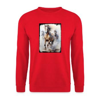 Aquarelllauf Wildpferde Strand Sand Lebensfreude - Unisex Pullover - Rot - Vorne - Alina (178cm) & Michal (187cm)