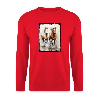 Wildpferde in Bewegung Wasserfarbe Illustration - Unisex Pullover - Rot - Vorne - Alina (178cm) & Michal (187cm)
