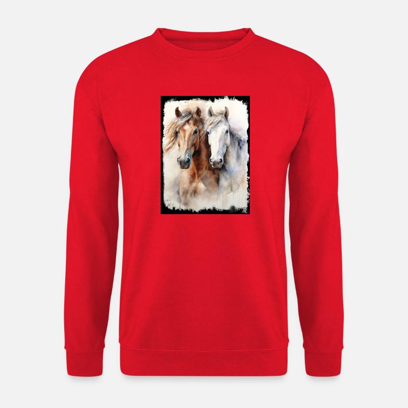 Zwei edle Pferde Portrait Aquarell Malerei Kunst  - Unisex Pullover - Rot