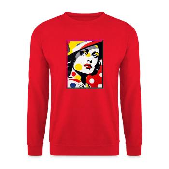 Frauen mit Hut Pop Art Porträt mit Punkten  - Unisex Pullover - Rot - Vorne - Alina (178cm) & Michal (187cm)