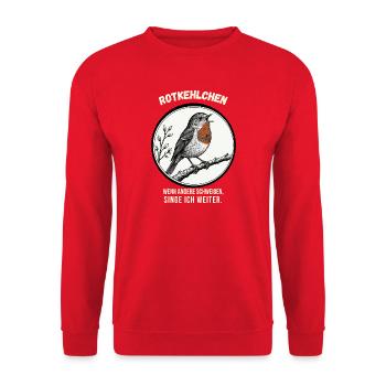 Rotkehlchen – Wenn andere schweigen, singe ich - Unisex Pullover - Rot - Vorne - Alina (178cm) & Michal (187cm)