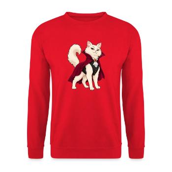 Flauschige weiße Katze zieht sich als Vampir an - Unisex Pullover - Rot - Vorne - Alina (178cm) & Michal (187cm)