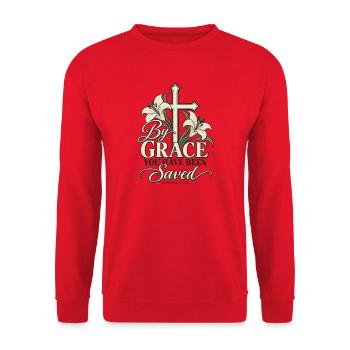 By Grace – Kreuz und Lilien - Unisex Pullover - Rot - Vorne - Alina (178cm) & Michal (187cm)
