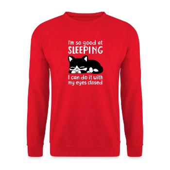 Ich bin so gut im Schlafen. Lustige Katzenzitate - Unisex Pullover - Rot - Vorne - Alina (178cm) & Michal (187cm)