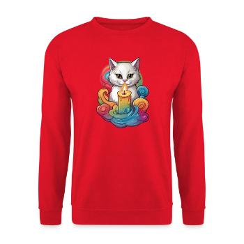 Katze mit Kerze - Unisex Pullover - Rot - Vorne - Alina (178cm) & Michal (187cm)