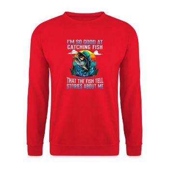 Fisch fangen Geschichten T-Shirt - Unisex Pullover - Rot - Vorne - Alina (178cm) & Michal (187cm)