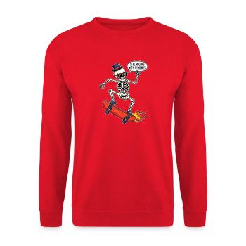 Skelett auf Skateboard mit Hut und Sonnenbrille - Unisex Pullover - Rot - Vorne - Alina (178cm) & Michal (187cm)