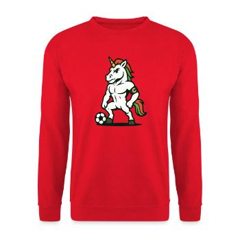 Maskottchen des Unicorn-Fußballkapitäns steht stolz da - Unisex Pullover - Rot - Vorne - Alina (178cm) & Michal (187cm)