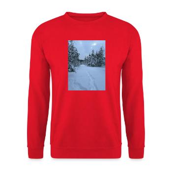 Sentiers hivernaux dans la forêt enneigée - Sweat-shirt Unisexe - rouge - Devant - Alina (178cm) & Michal (187cm)