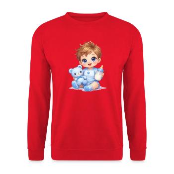 Baby mit Fläschchen und Teddy - Unisex Pullover - Rot - Vorne - Alina (178cm) & Michal (187cm)