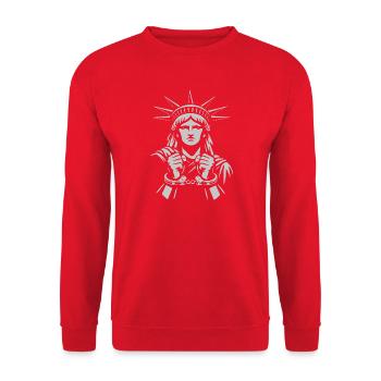 Freiheitsstatue in Ketten - Unisex Pullover - Rot - Vorne - Alina (178cm) & Michal (187cm)