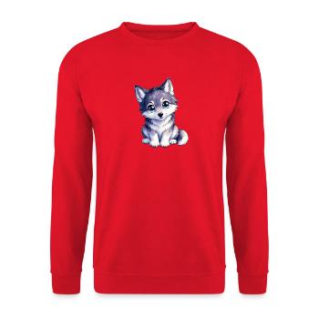 Kuscheliger Wolfswelpe mit blauen Augen - Unisex Pullover - Rot - Vorne - Alina (178cm) & Michal (187cm)