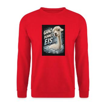 Ganz dünnes Eis – Comic Alpaka - Unisex Pullover - Rot - Vorne - Alina (178cm) & Michal (187cm)
