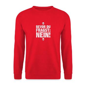 Morgenmuffel Statement Bevor du Fragst Nein! - Unisex Pullover - Rot - Vorne - Alina (178cm) & Michal (187cm)