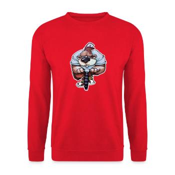 Biker Bär Cartoon auf BMX-Rad - Unisex Pullover - Rot - Vorne - Alina (178cm) & Michal (187cm)