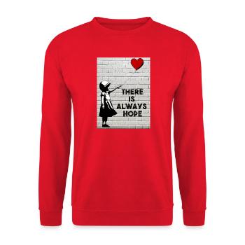 Hoffnung in der Wand: Mädchen und roter Ballon - Unisex Pullover - Rot - Vorne - Alina (178cm) & Michal (187cm)