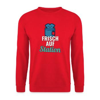 Erster Pflegetag Shirt für die neue Station - Unisex Pullover - Rot - Vorne - Alina (178cm) & Michal (187cm)
