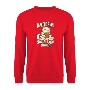 Kaffee rein, Sozialakku raus – Lustige Katze - Unisex Pullover - Rot - Vorne - Alina (178cm) & Michal (187cm)