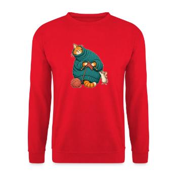 Katze strickt sich selbst ein - Unisex Pullover - Rot - Vorne - Alina (178cm) & Michal (187cm)