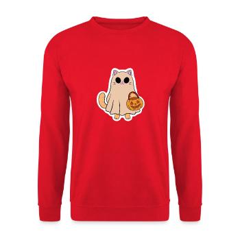 Katzengeist mit Halloweenkürbis - Unisex Pullover - Rot - Vorne - Alina (178cm) & Michal (187cm)