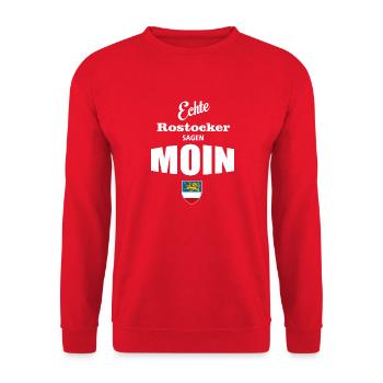 Rostock - Echte Rostocker sagen Moin - Unisex Pullover - Rot - Vorne - Alina (178cm) & Michal (187cm)