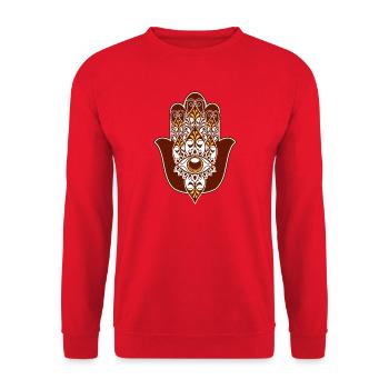 Hamsa Auge Gelb Braun Blumenmuster - Unisex Pullover - Rot - Vorne - Alina (178cm) & Michal (187cm)