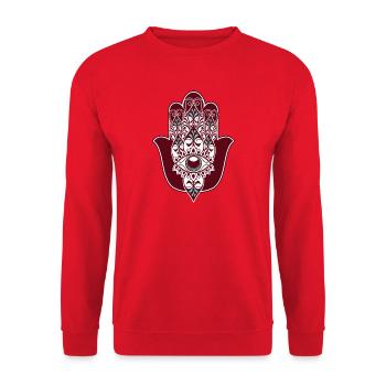 Hamsa Auge Mandala Tattoo - Topas Braun - Unisex Pullover - Rot - Vorne - Alina (178cm) & Michal (187cm)