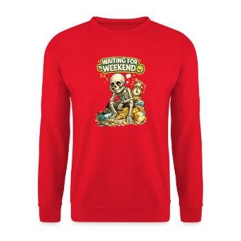 Warte auf das Wochenende Lustiges Skelett-Shirt - Unisex Pullover - Rot - Vorne - Alina (178cm) & Michal (187cm)