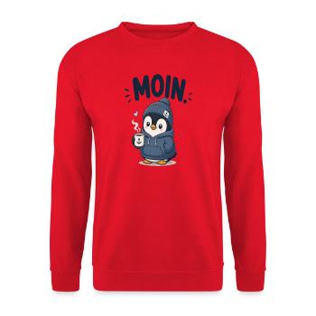 Pinguin im Hoodie mit Kaffee - Unisex Pullover - Rot - Vorne - Alina (178cm) & Michal (187cm)